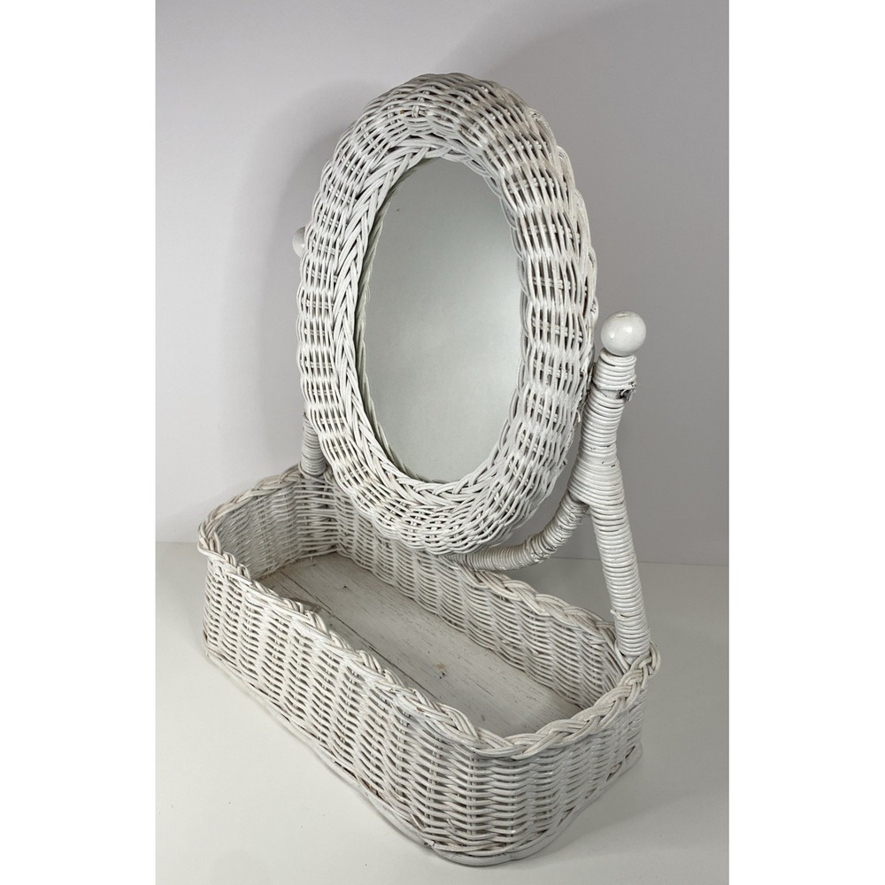 Vintage White Wicker Vanity Top or Wall Hanging Mirror With Basket